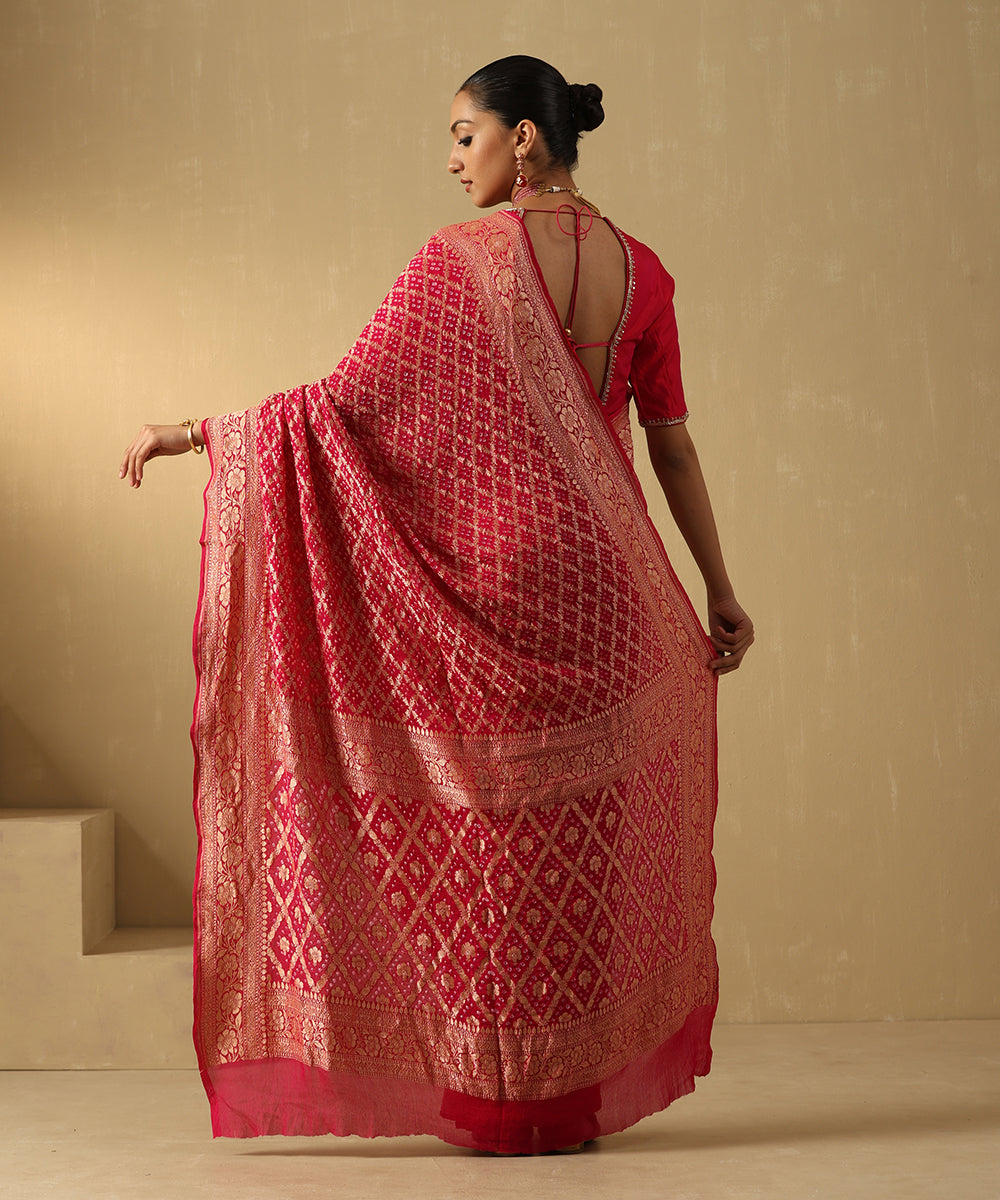 Rani Pink Handloom Pure Georgette Banarasi Bandhej Saree