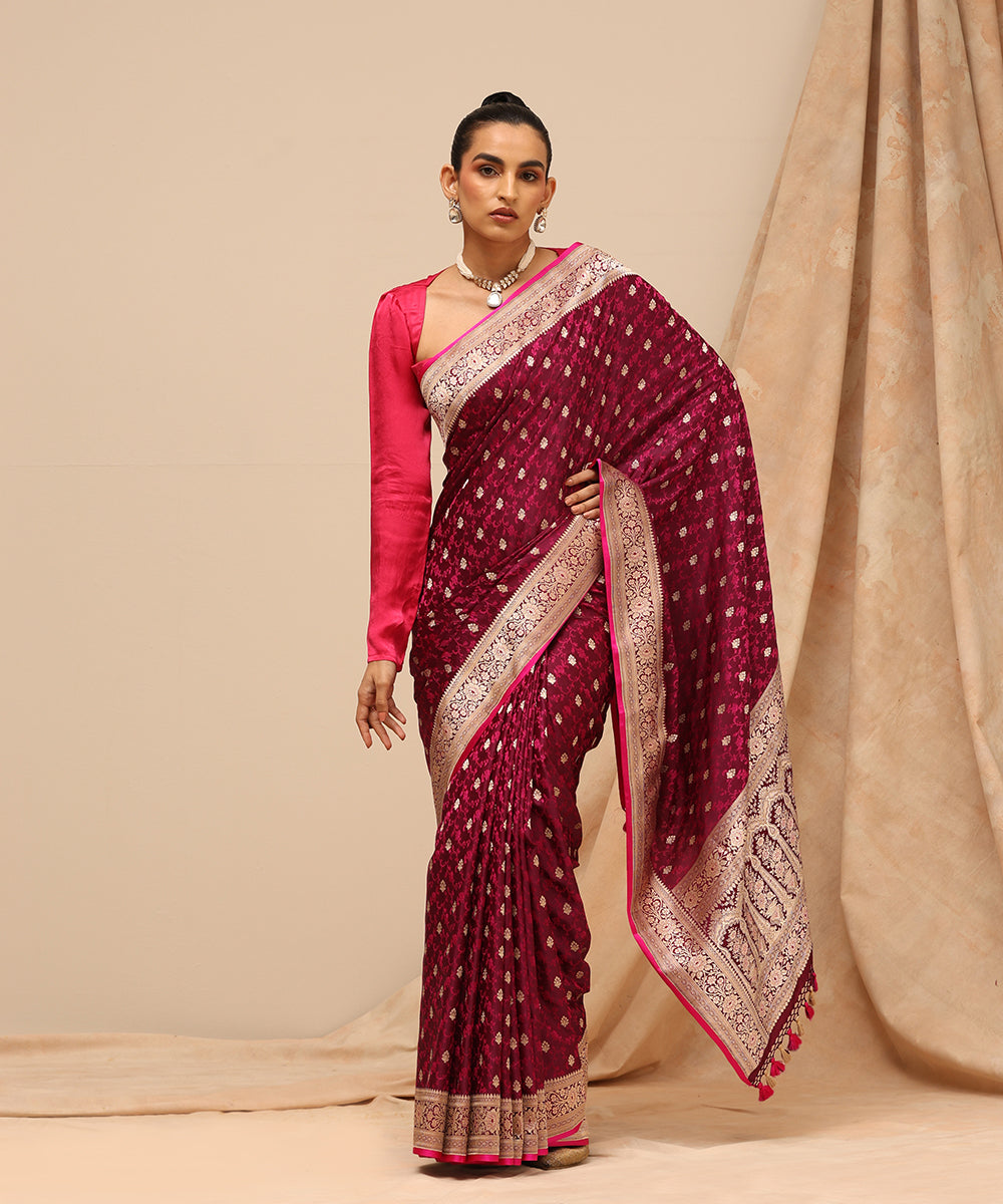 Wine_And_Magenta_Pure_Satin_Silk_Tanchoi_Banarasi_Saree_With_Zari_Booti_And_Border_WeaverStory_02
