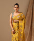 Mustard Handloom Pure Satin Silk Tanchoi Banarasi Saree With Stripes And Contemporary Motifs On