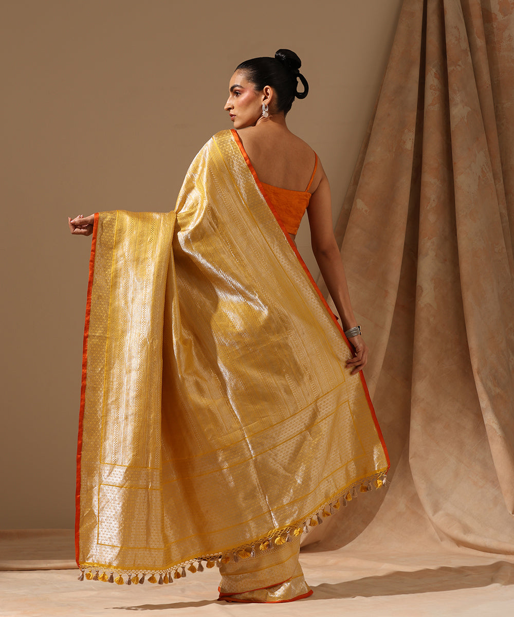 Yellow_Handloom_Pure_Satin_Silk_Kimkhab_Banarasi_Saree_With_Orange_Selvedge_WeaverStory_03