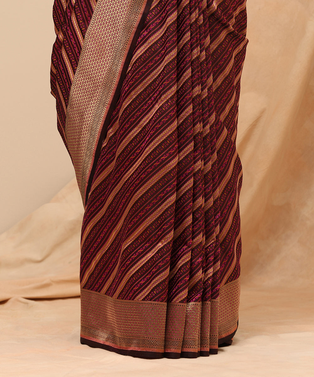 Handloom_Coke_Brown_Pure_Satin_Silk_Banarasi_Saree_With_Diagonal_Stripes_WeaverStory_04