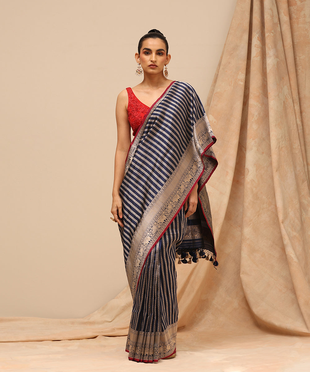 Blue_Handloom_Pure_Satin_Silk_Banarasi_Saree_With_Vertical_Zari_Stripes_And_Shikargah_Border_WeaverStory_02