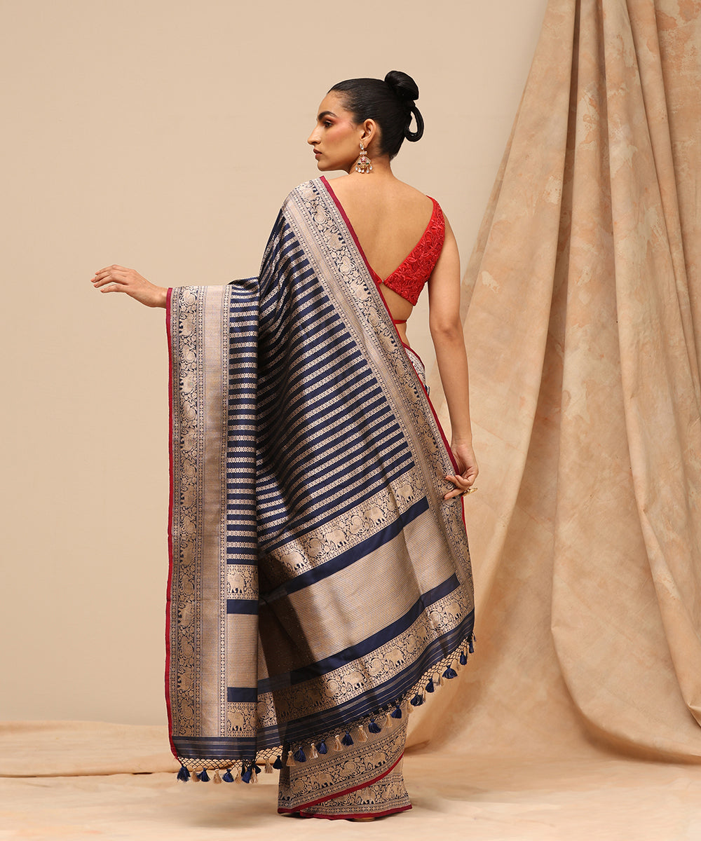 Blue_Handloom_Pure_Satin_Silk_Banarasi_Saree_With_Vertical_Zari_Stripes_And_Shikargah_Border_WeaverStory_03