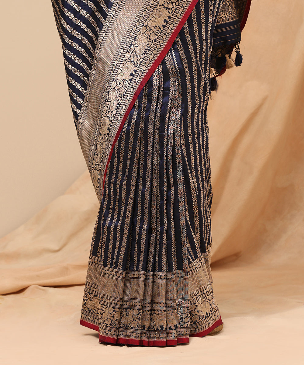 Blue_Handloom_Pure_Satin_Silk_Banarasi_Saree_With_Vertical_Zari_Stripes_And_Shikargah_Border_WeaverStory_04
