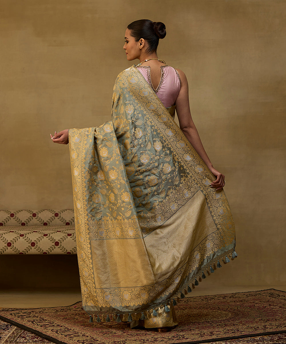 Pista Green And Gold Handloom Tissue Silk Banarasi Jangla Saree