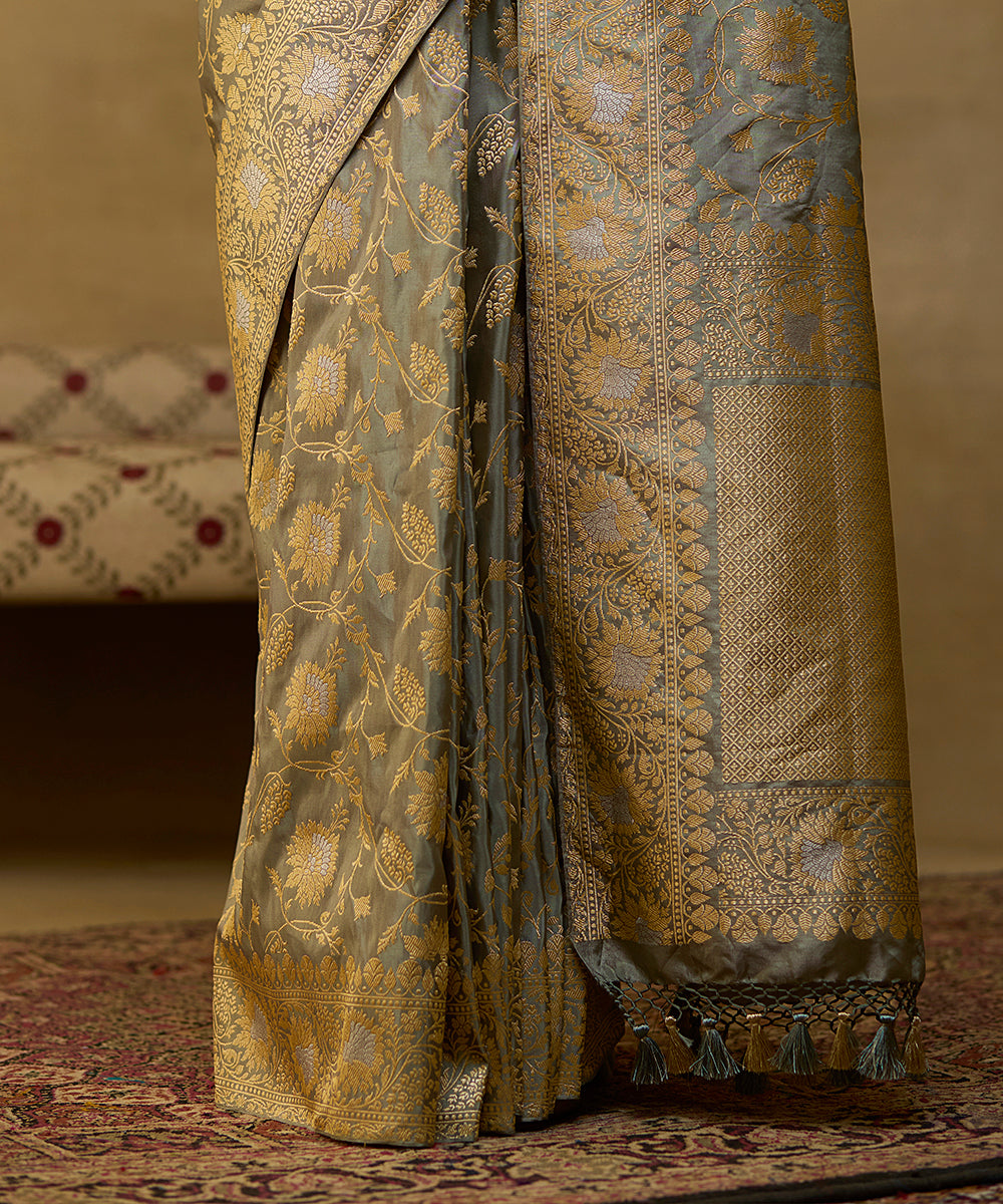 Pista Green And Gold Handloom Tissue Silk Banarasi Jangla Saree