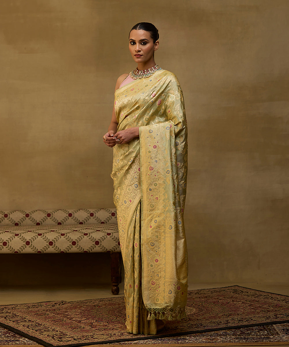 Handloom Pista Green And Gold Katan Tissue Banarasi Saree With Meenakari Jaal