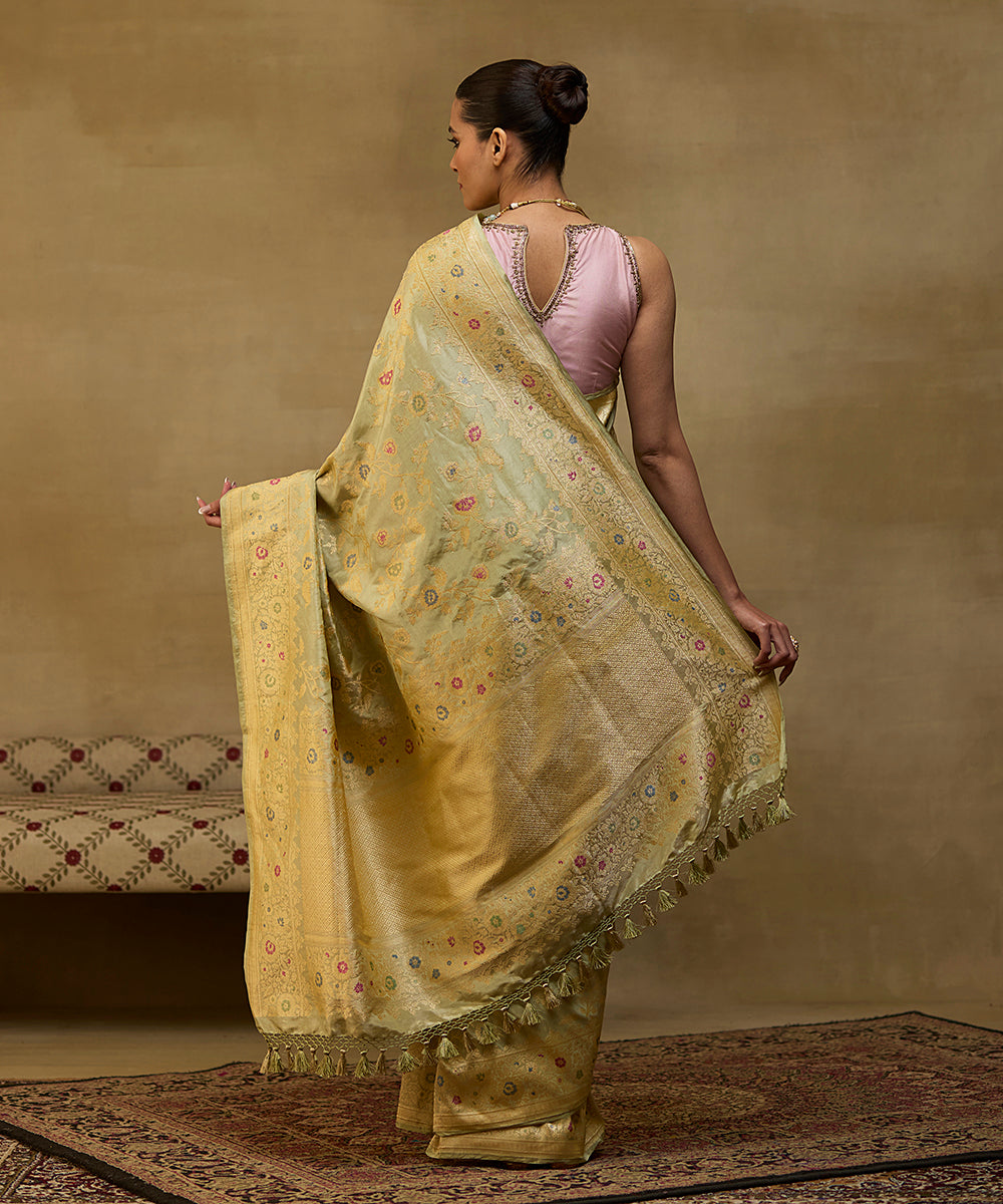 Handloom Pista Green And Gold Katan Tissue Banarasi Saree With Meenakari Jaal