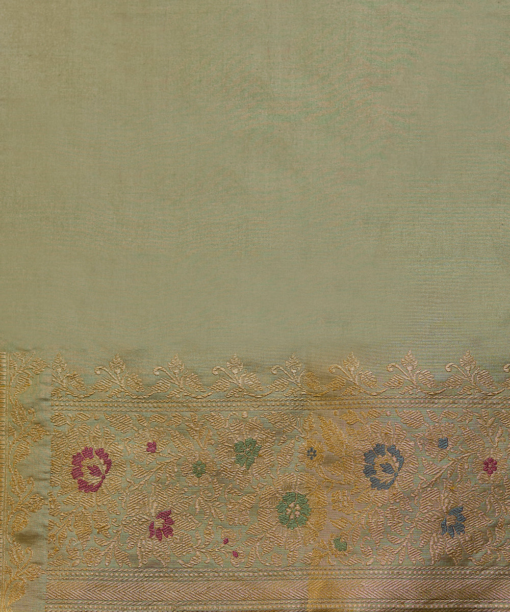 Handloom Pista Green And Gold Katan Tissue Banarasi Saree With Meenakari Jaal