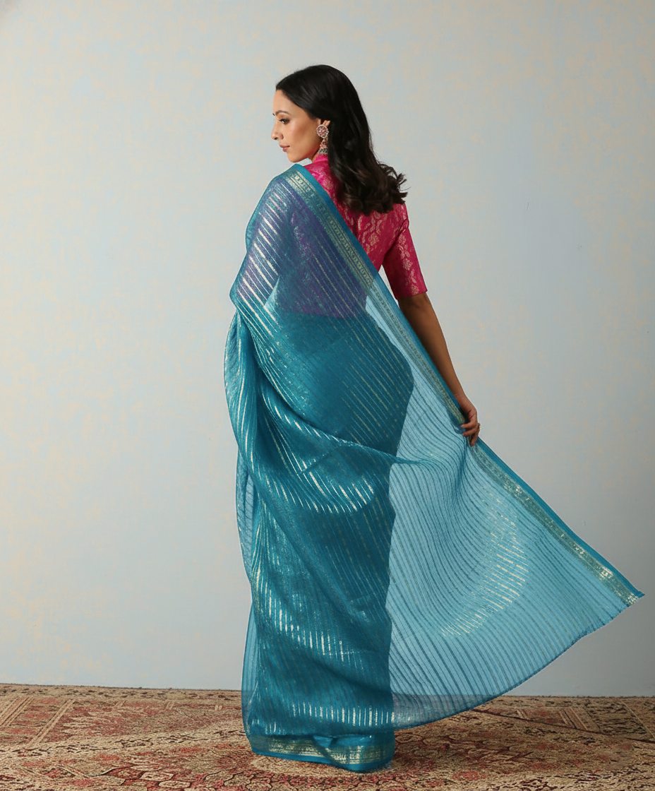 Handloom Firozi Kora Silk Banarasi Saree With Horizontal Stripes