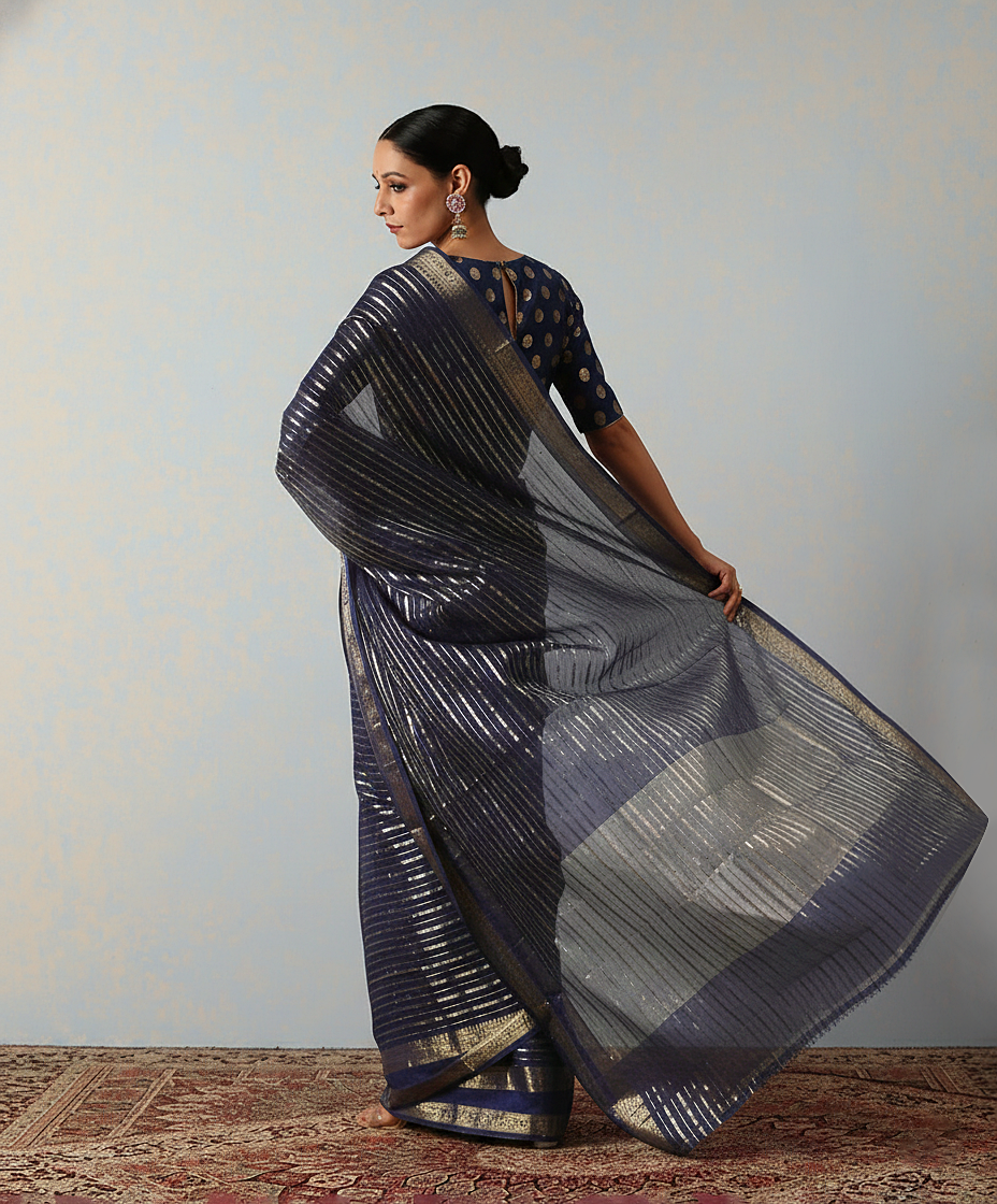 Handloom Dark Blue Katan Silk Banarasi Saree With Horizontal Stripes