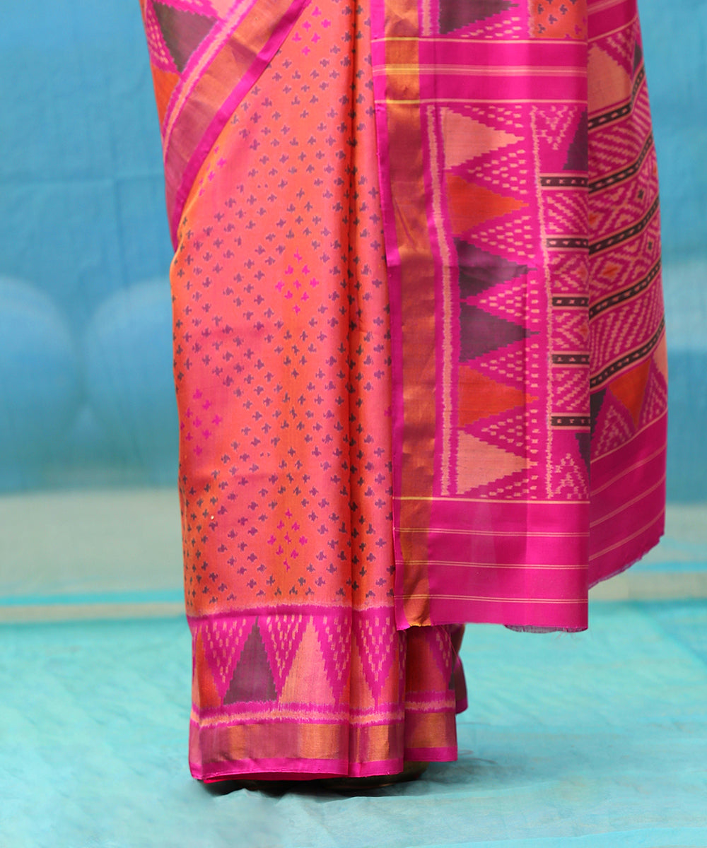 Peach And Red Handloom Pure Mulberry Silk Ikat Patola Saree With Tissue Border