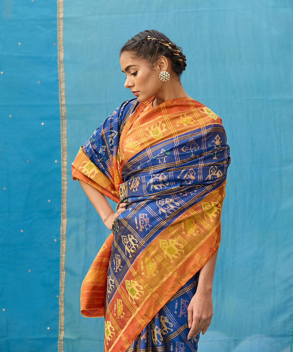 Blue_And_Rust_Handloom_Pure_Mulberry_Silk_Ikat_Patola_Saree_With_Checks_WeaverStory_02