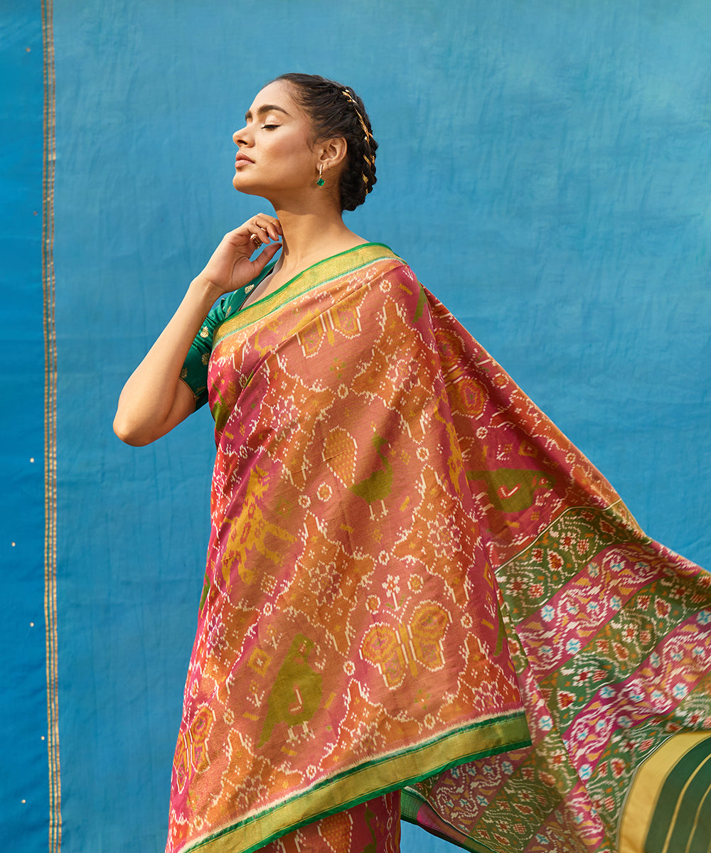 Pink_And_Green_Handloom_Pure_Tissue_Mulberry_Silk_Ikat_Patola_Saree_WeaverStory_02