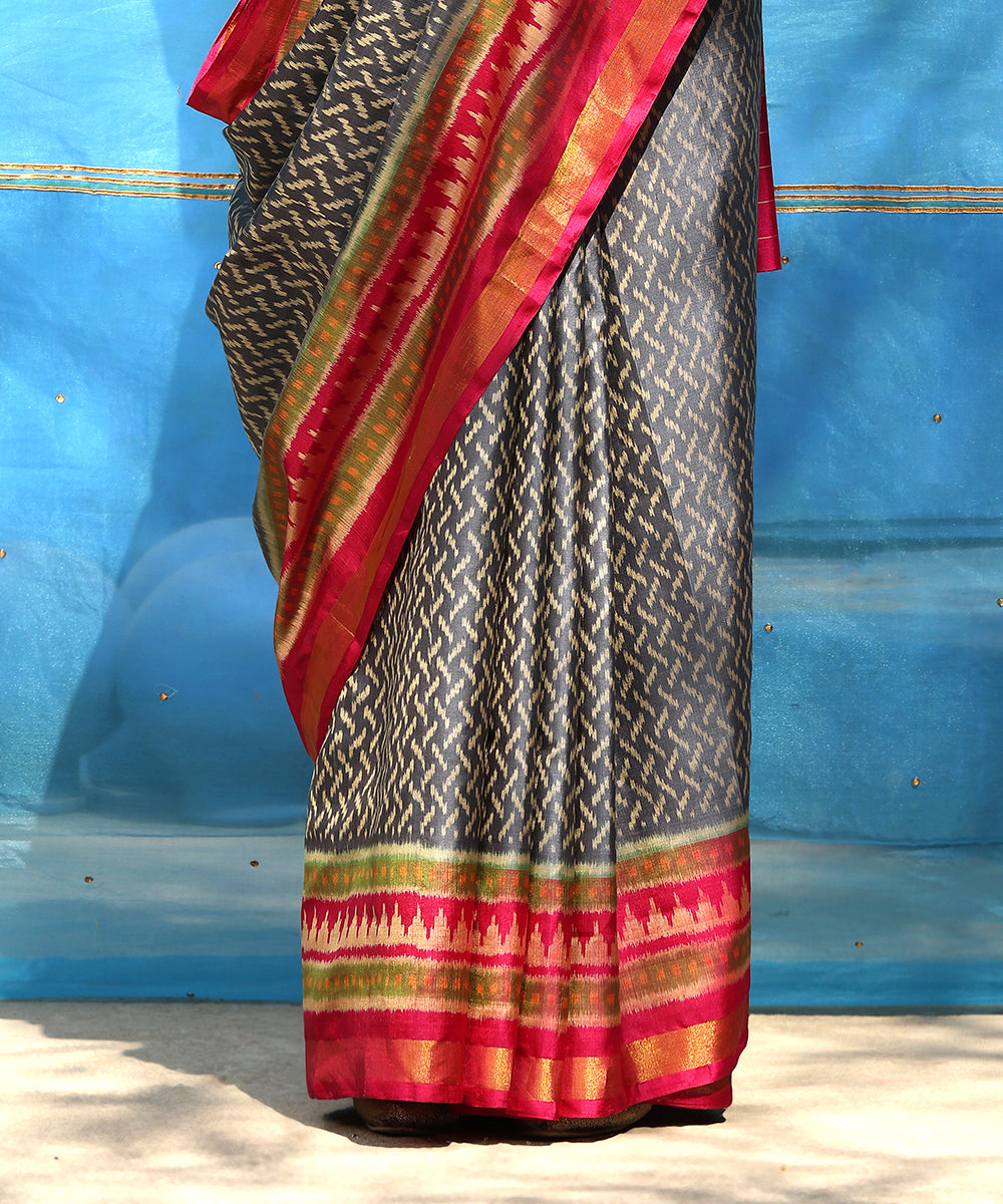 Grey_And_Pink_Handloom_Pure_Mulberry_Silk_Ikat_Patola_Saree_WeaverStory_04