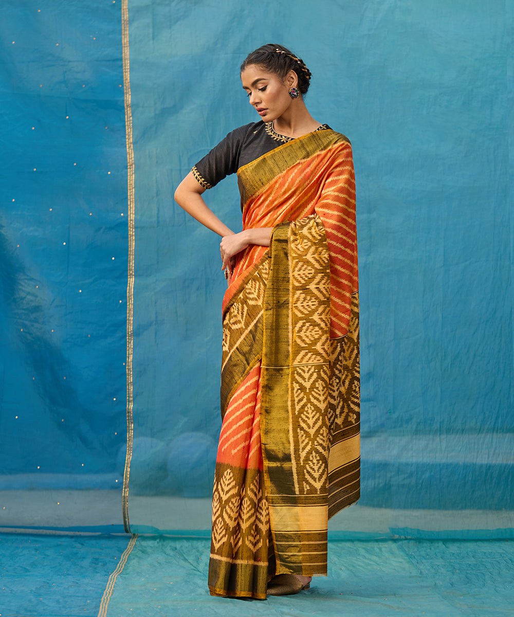 Peach_And_Yellow_Pure_Raw_Silk_Ikat_Patola_Saree_With_Yellow_Palla_WeaverStory_01