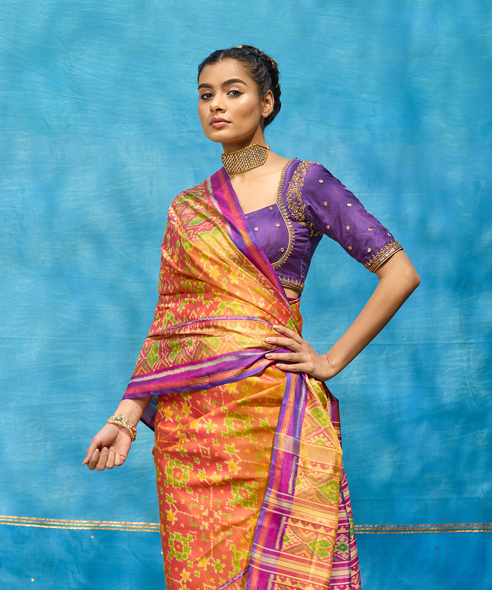 Peach_And_Purple_Handloom_Pure_Mulberry_Silk_Ikat_Patola_Saree_WeaverStory_02