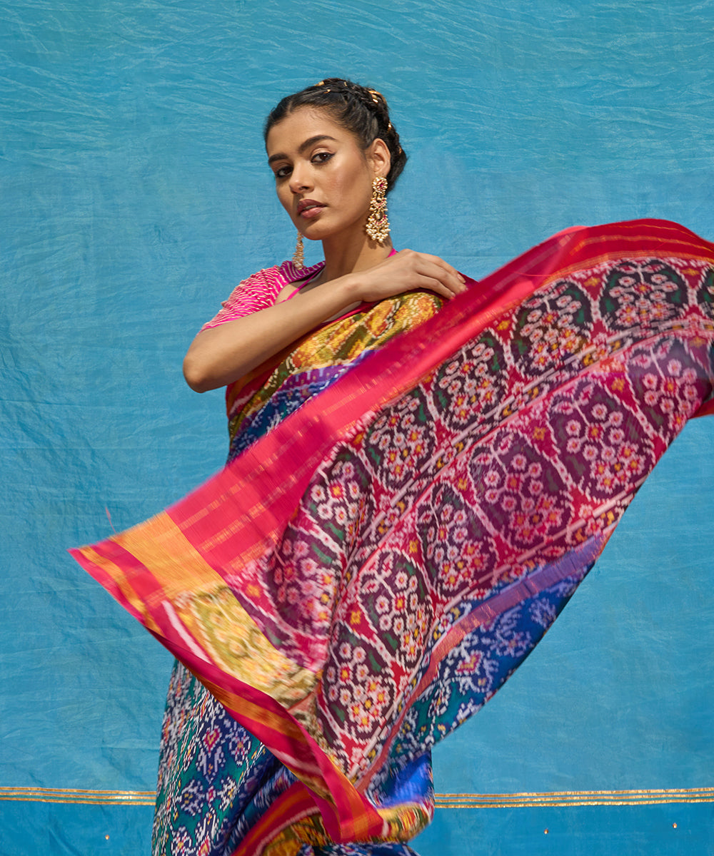 Blue_And_Purple_Pure_Mulberry_Silk_Ikat_Patola_Saree_With_Tissue_Border_WeaverStory_02