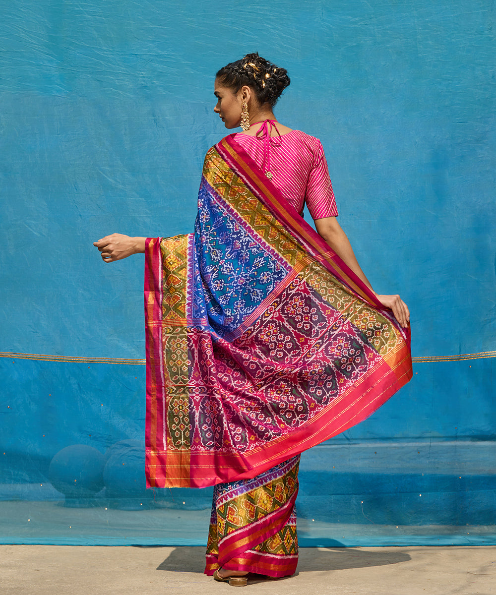 Blue_And_Purple_Pure_Mulberry_Silk_Ikat_Patola_Saree_With_Tissue_Border_WeaverStory_03