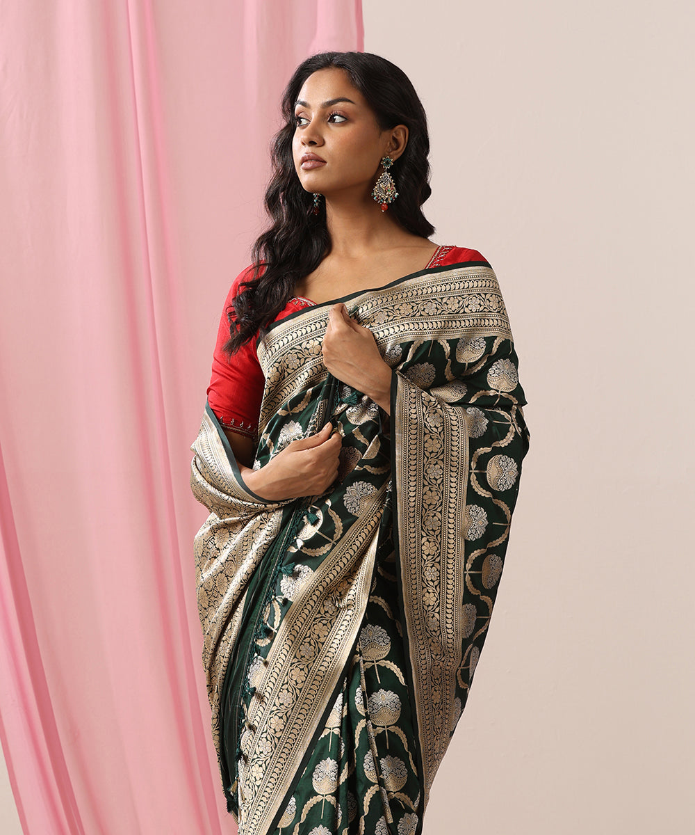Bottle_Green_Handloom_Pure_Katan_Silk_Banarasi_Saree_With_Gold_And_Silver_Zari_Jaal_WeaverStory_01