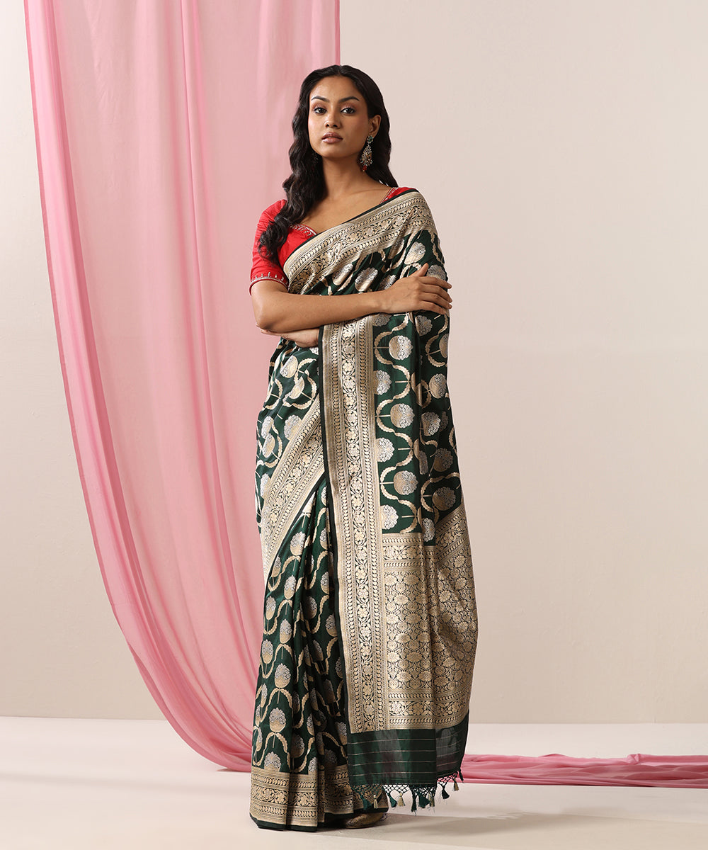 Bottle_Green_Handloom_Pure_Katan_Silk_Banarasi_Saree_With_Gold_And_Silver_Zari_Jaal_WeaverStory_02