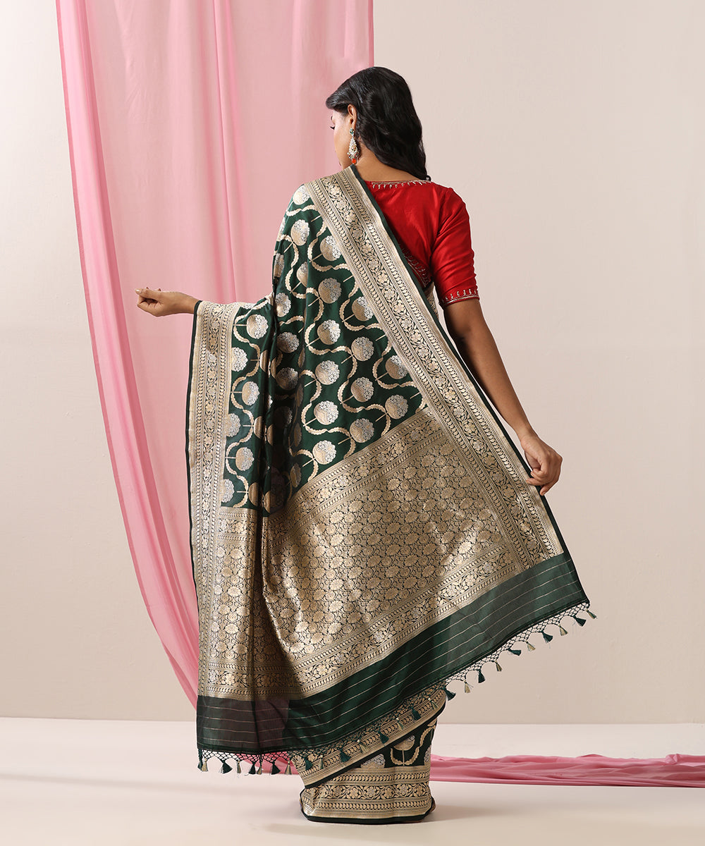 Bottle_Green_Handloom_Pure_Katan_Silk_Banarasi_Saree_With_Gold_And_Silver_Zari_Jaal_WeaverStory_03