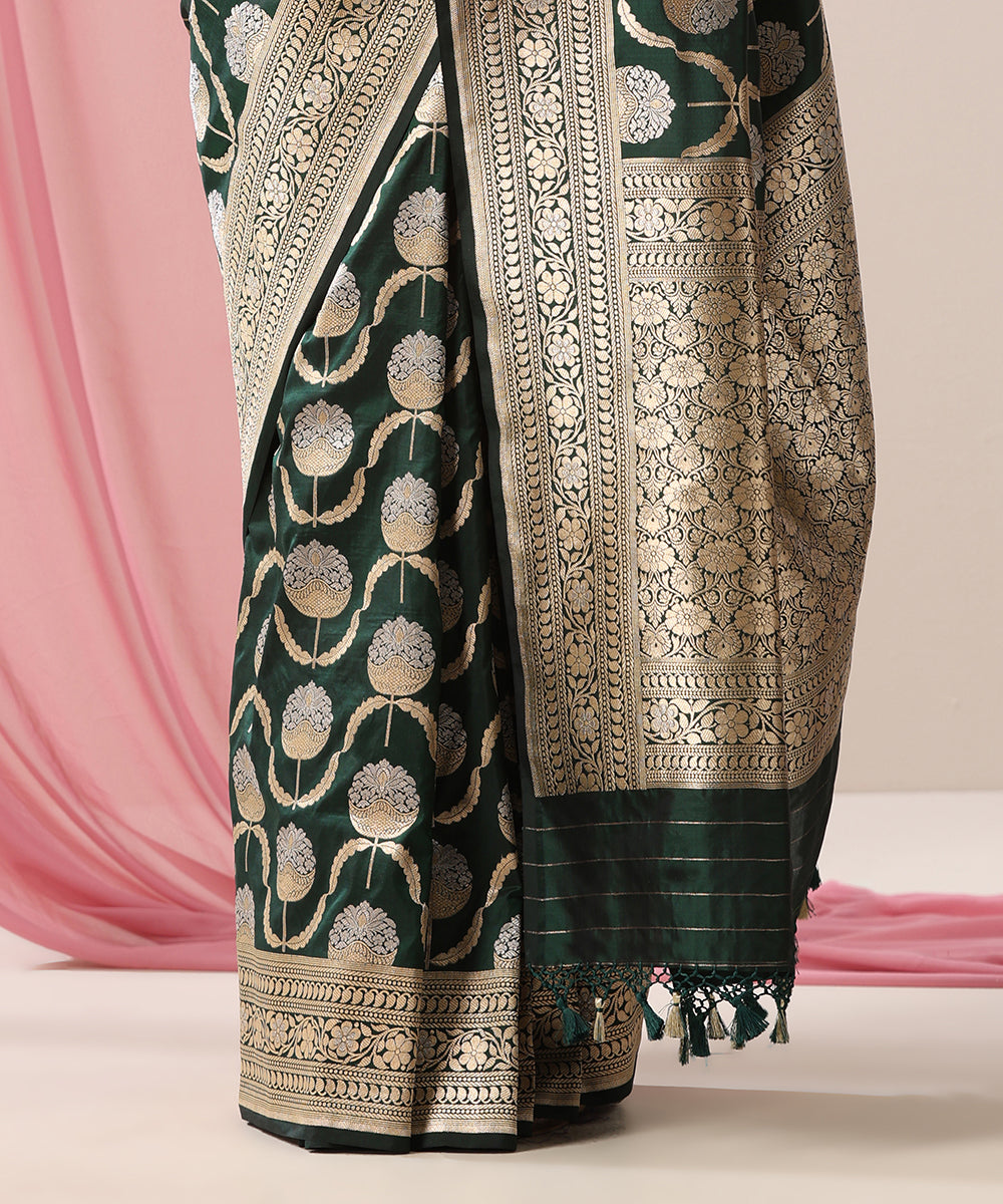 Bottle_Green_Handloom_Pure_Katan_Silk_Banarasi_Saree_With_Gold_And_Silver_Zari_Jaal_WeaverStory_04