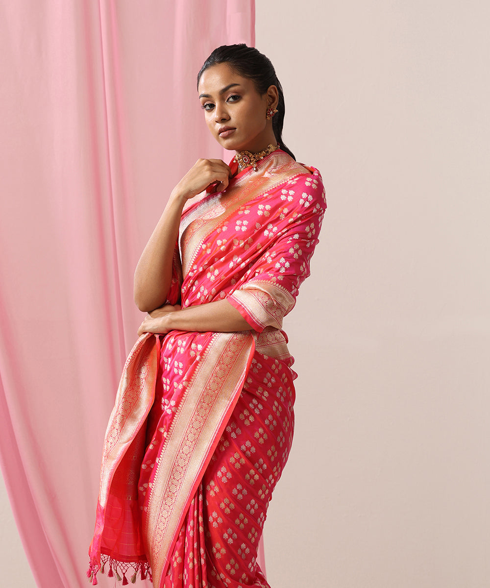Handloom_Pink_Pure_Katan_Silk_Banarasi_Saree_With_Gold_And_Silver_Zari_Booti_WeaverStory_01
