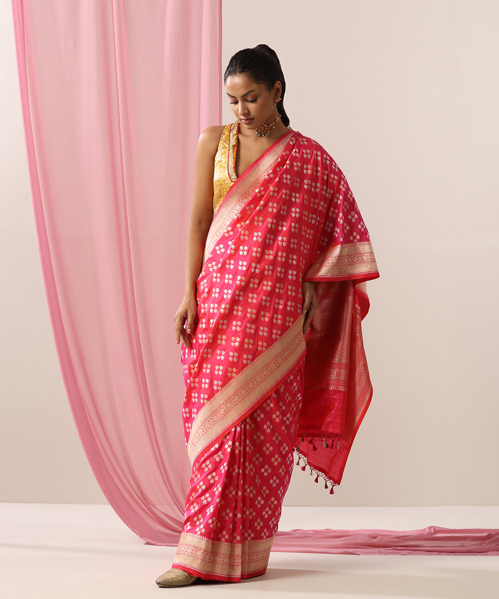 Handloom_Pink_Pure_Katan_Silk_Banarasi_Saree_With_Gold_And_Silver_Zari_Booti_WeaverStory_02