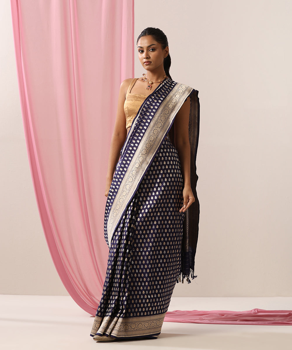 Ink_Blue_Handloom_Pure_Katan_Silk_Banarasi_Saree_With_Gold_And_Silver_Zari_Booti_WeaverStory_02
