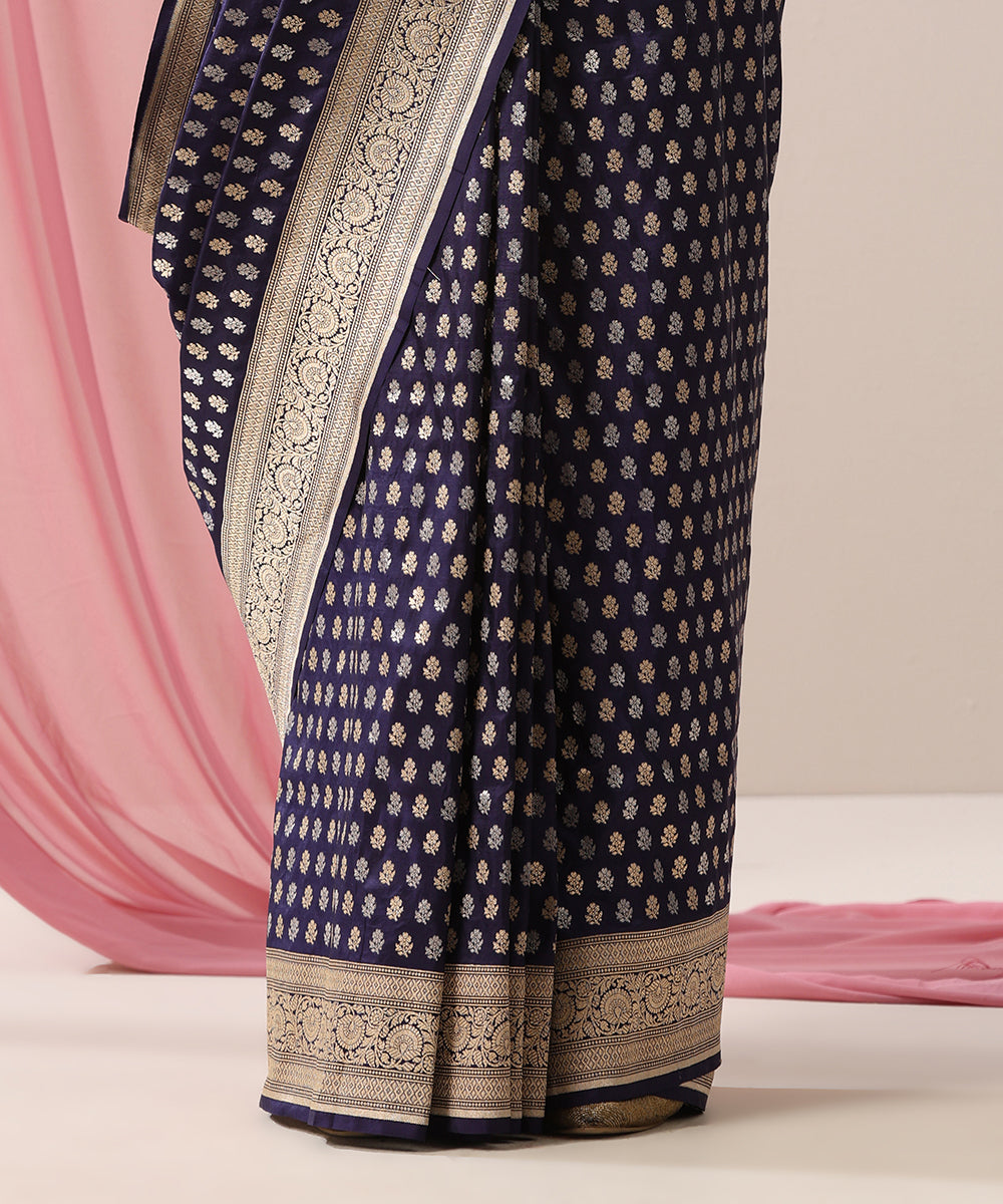 Ink_Blue_Handloom_Pure_Katan_Silk_Banarasi_Saree_With_Gold_And_Silver_Zari_Booti_WeaverStory_04