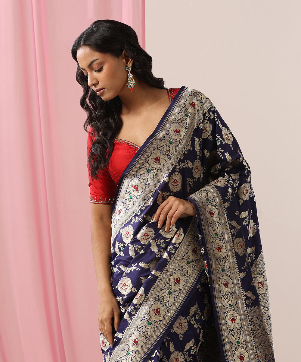 Handloom_Ink_Blue_Pure_Katan_Silk_Banarasi_Saree_With_Pink_And_Green_Meenakari_Floral_Jaal_WeaverStory_01