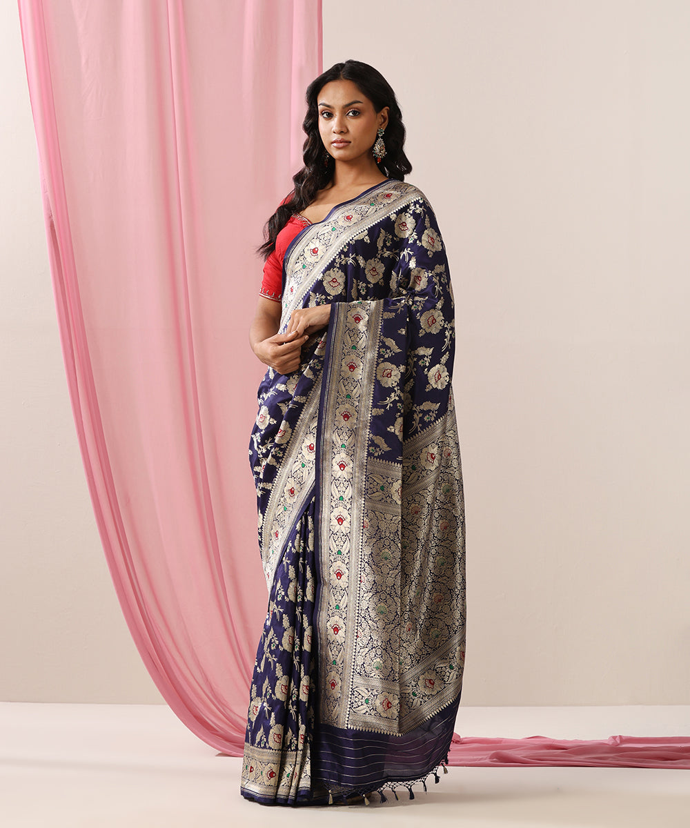 Handloom_Ink_Blue_Pure_Katan_Silk_Banarasi_Saree_With_Pink_And_Green_Meenakari_Floral_Jaal_WeaverStory_02