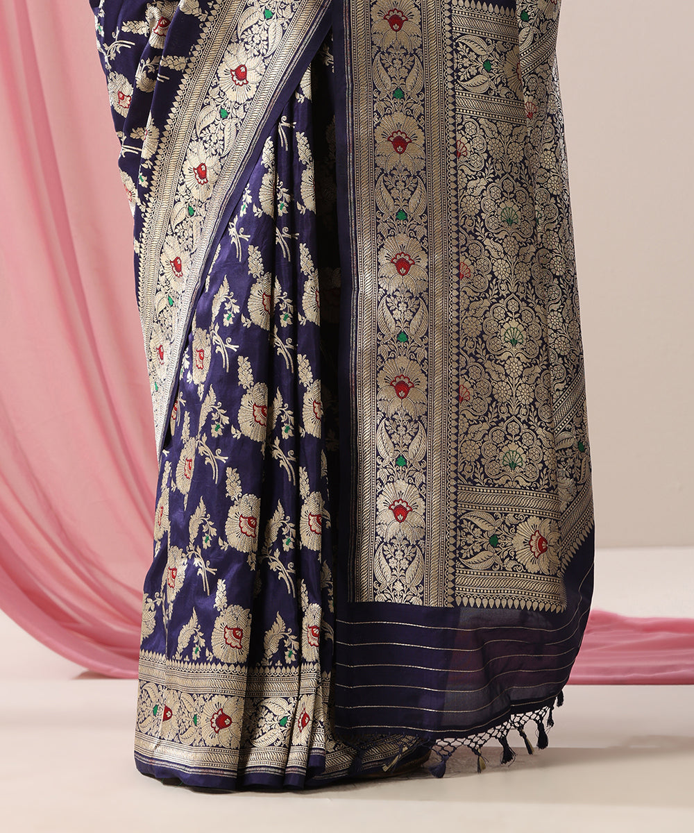 Handloom_Ink_Blue_Pure_Katan_Silk_Banarasi_Saree_With_Pink_And_Green_Meenakari_Floral_Jaal_WeaverStory_04