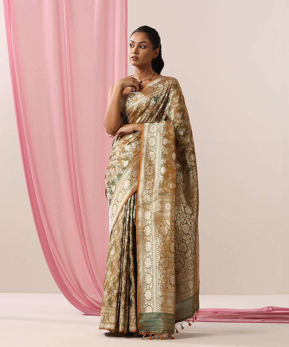 Henna_Green_Handloom_Pure_Katan_Silk_Banarasi_Saree_With_Gold_And_Silver_Zari_Floral_Jaal_WeaverStory_02