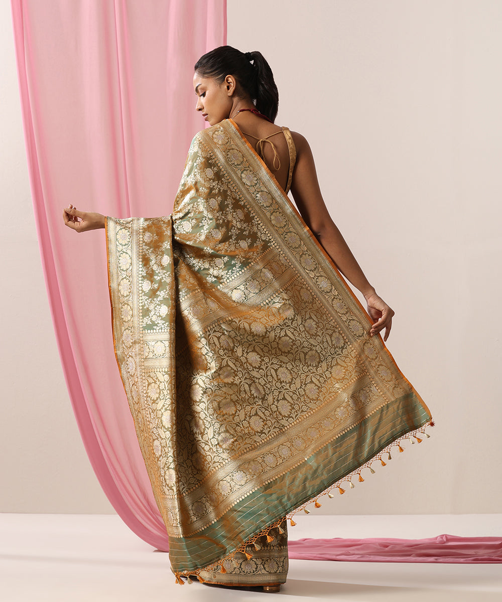 Henna_Green_Handloom_Pure_Katan_Silk_Banarasi_Saree_With_Gold_And_Silver_Zari_Floral_Jaal_WeaverStory_03