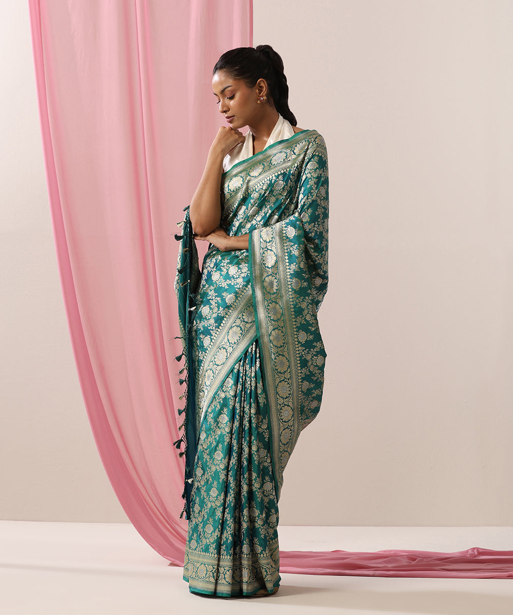 Handloom_Peacock_Blue_Pure_Katan_Silk_Banarasi_Saree_With_Gold_And_Silver_Zari_Floral_Jaal_WeaverStory_02