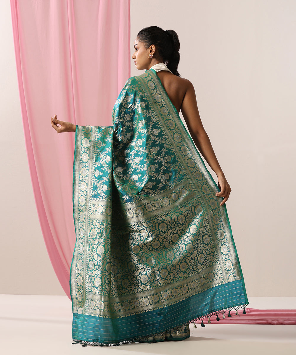 Handloom_Peacock_Blue_Pure_Katan_Silk_Banarasi_Saree_With_Gold_And_Silver_Zari_Floral_Jaal_WeaverStory_03