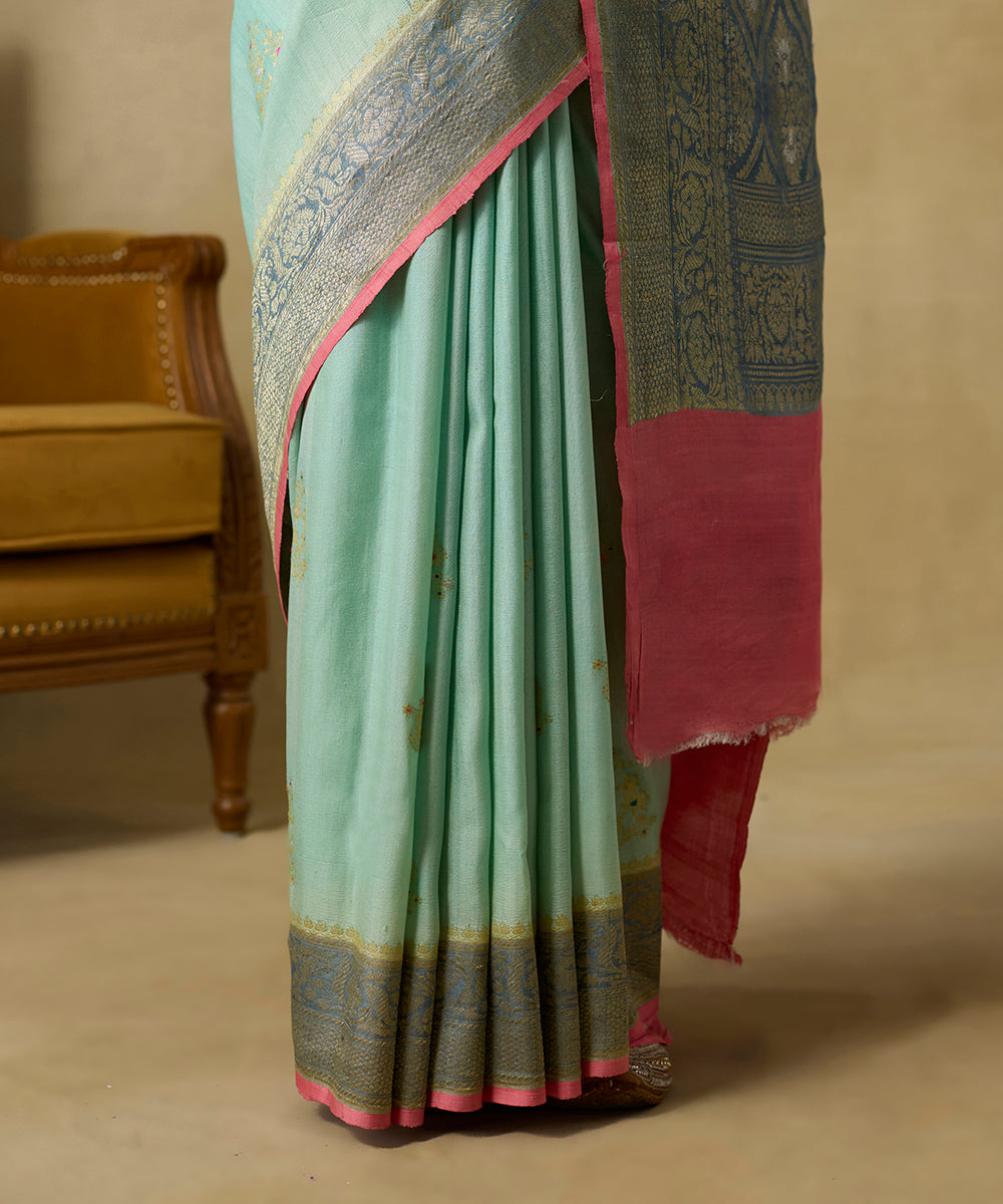Light_Green_Handloom_Pure_Tussar_Georgette_Banarasi_Saree_With_Grey_Border_And_Peach_Selvedge_WeaverStory_04