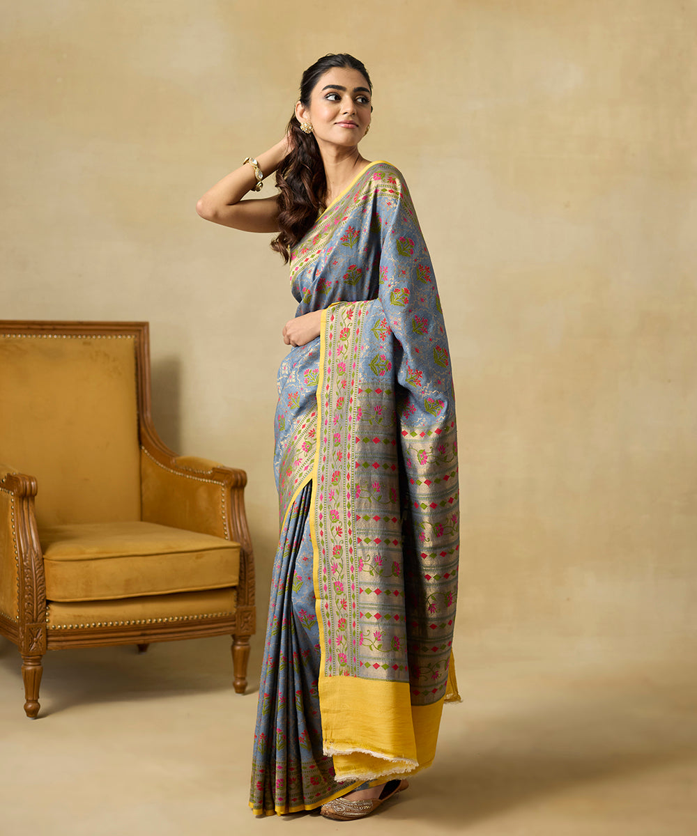 Handloom_Blue_Grey_Pure_Tussar_Georgette_Banarasi_Saree_With_Meenakari_WeaverStory_01