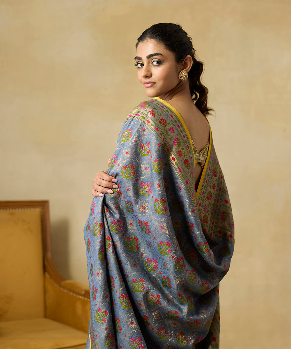 Handloom_Blue_Grey_Pure_Tussar_Georgette_Banarasi_Saree_With_Meenakari_WeaverStory_02