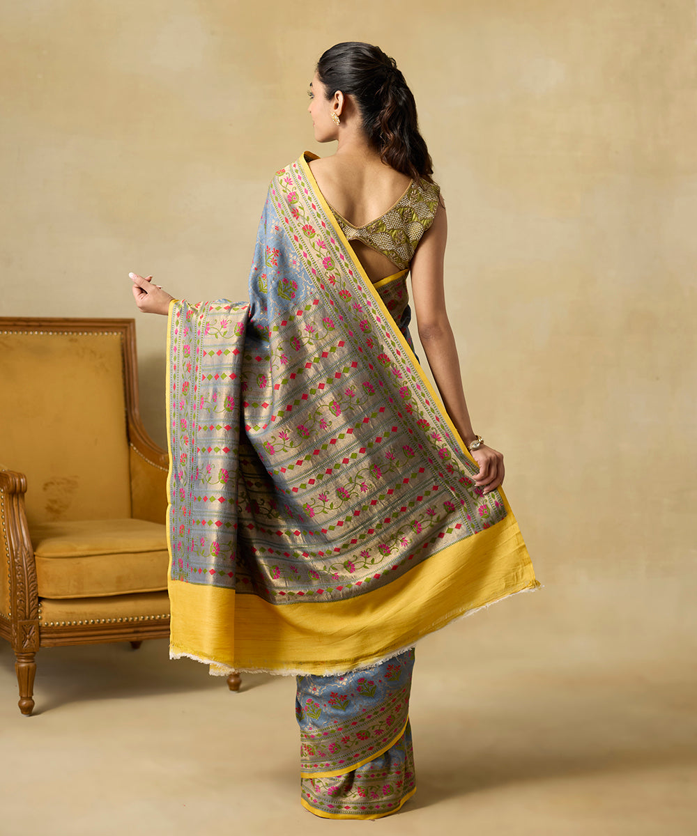 Handloom_Blue_Grey_Pure_Tussar_Georgette_Banarasi_Saree_With_Meenakari_WeaverStory_03