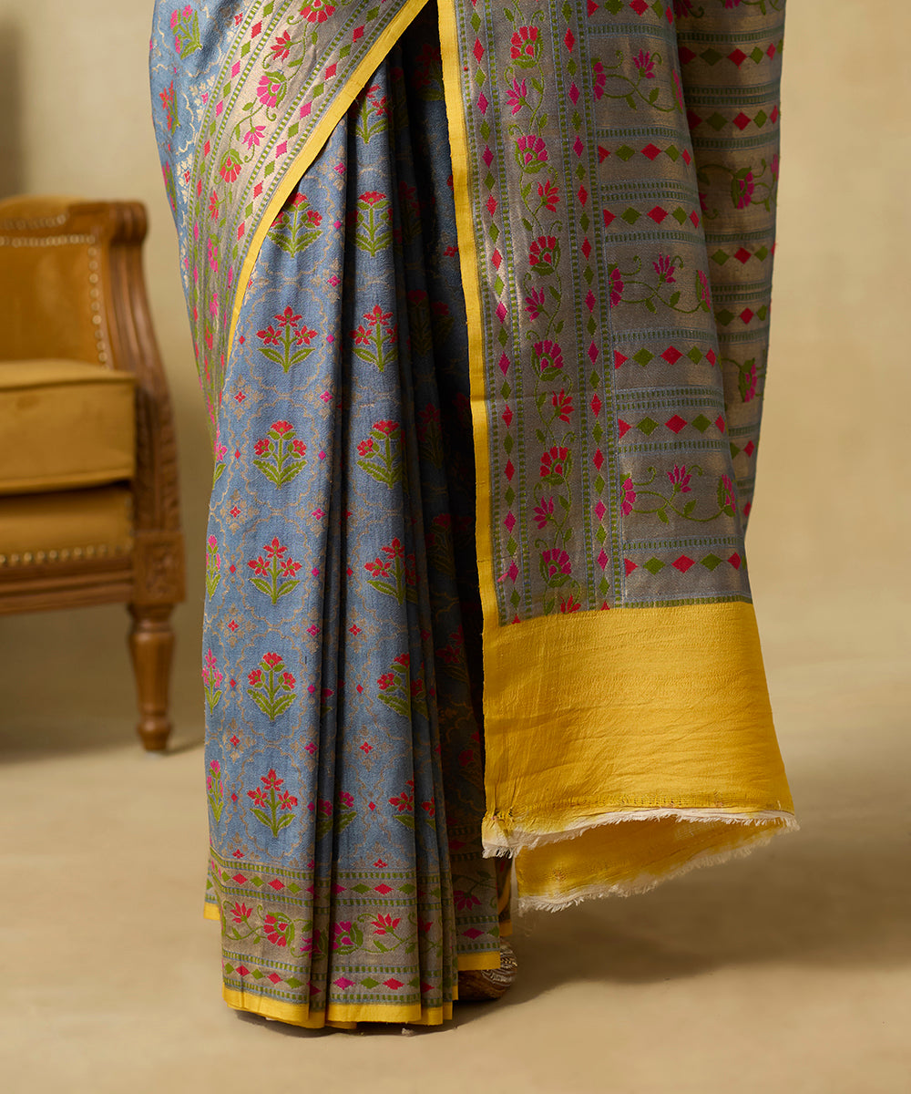 Handloom_Blue_Grey_Pure_Tussar_Georgette_Banarasi_Saree_With_Meenakari_WeaverStory_04