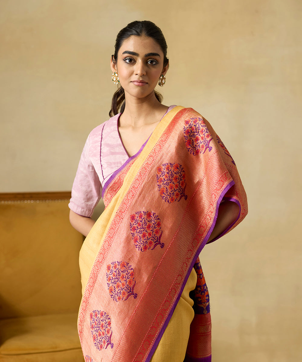 Mustard_Handloom_Pure_Tussar_Georgette_Banarasi_Saree_With_Broad_Meenakari_Border_WeaverStory_02