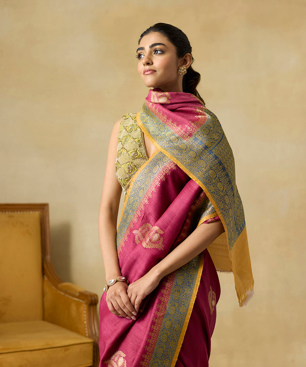 Wine_Handloom_Pure_Tussar_Georgette_Banarasi_Saree_With_Bottle_Green_Border_And_Mustard_Selvedge_WeaverStory_02