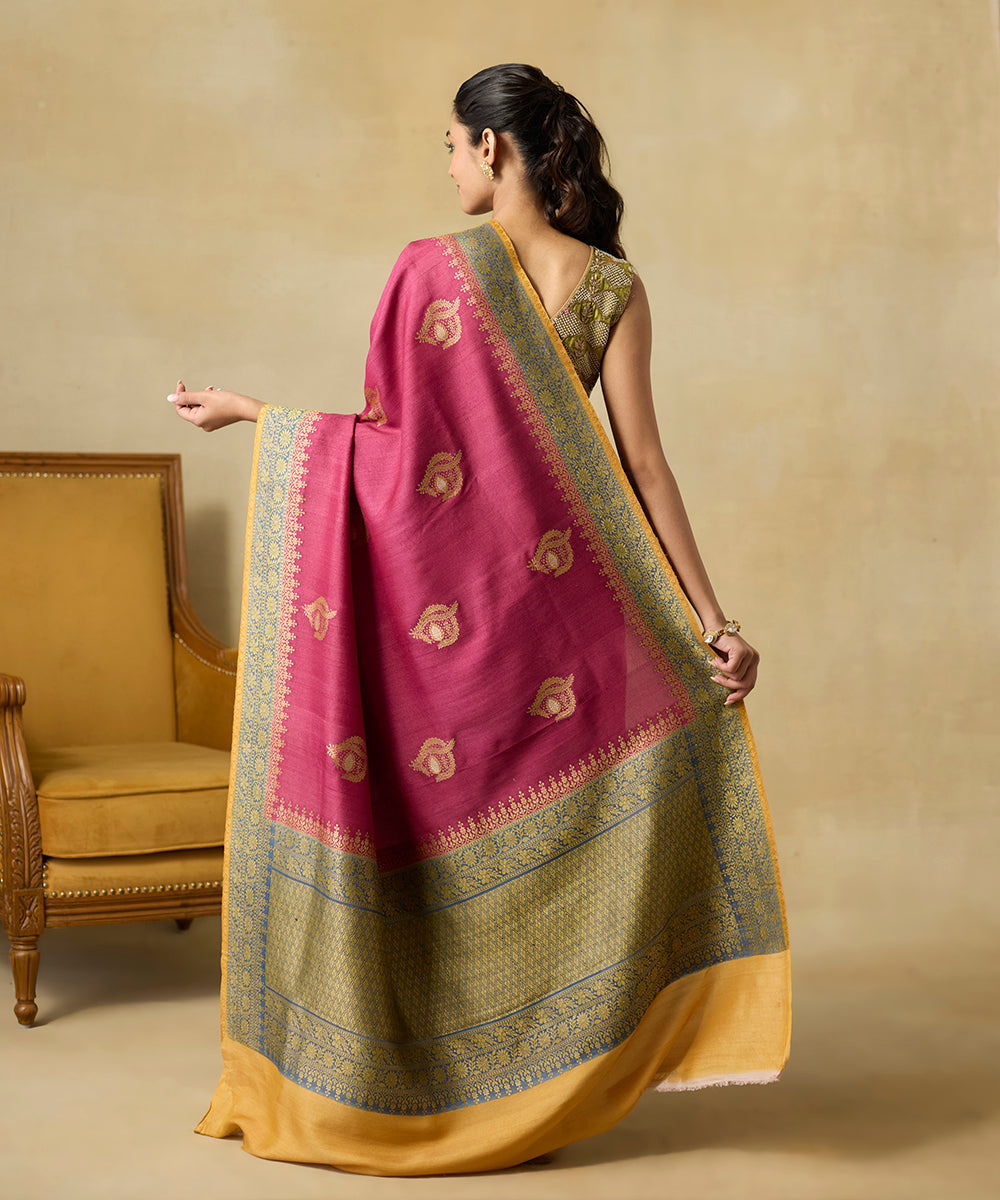 Wine_Handloom_Pure_Tussar_Georgette_Banarasi_Saree_With_Bottle_Green_Border_And_Mustard_Selvedge_WeaverStory_03