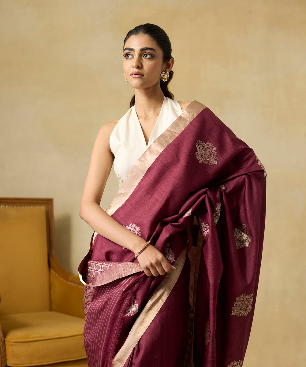 Wine_Pure_Tussar_Georgette_Banarasi_Handloom_Saree_With_Sona_Rupa_Zari_Kadhwa_Boota_WeaverStory_02
