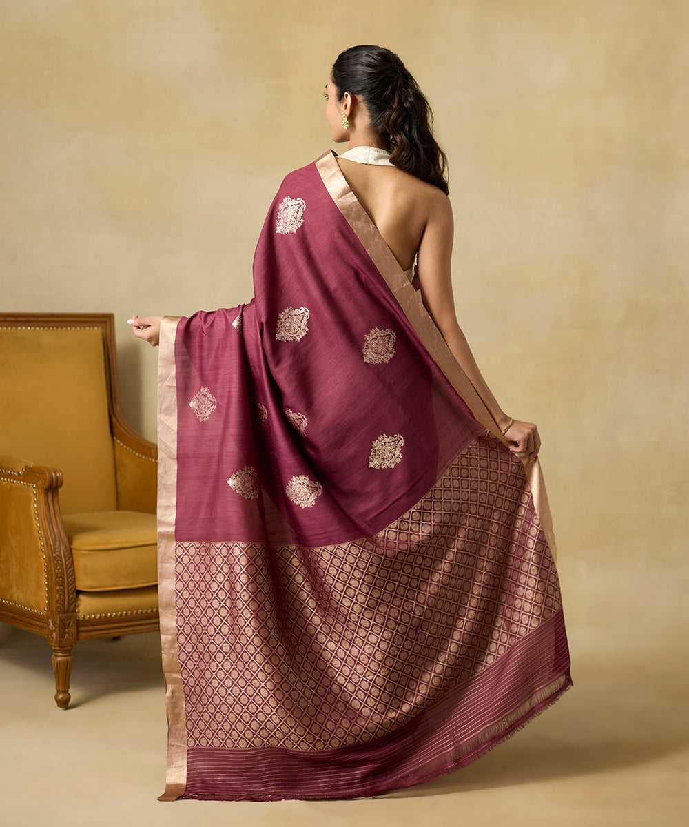 Wine_Pure_Tussar_Georgette_Banarasi_Handloom_Saree_With_Sona_Rupa_Zari_Kadhwa_Boota_WeaverStory_03