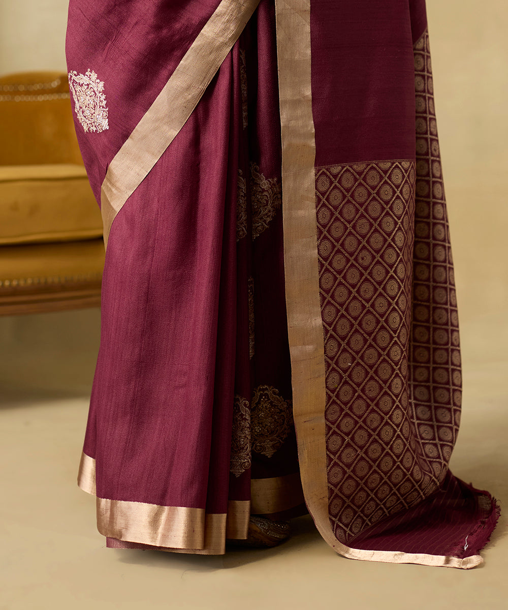 Wine_Pure_Tussar_Georgette_Banarasi_Handloom_Saree_With_Sona_Rupa_Zari_Kadhwa_Boota_WeaverStory_04