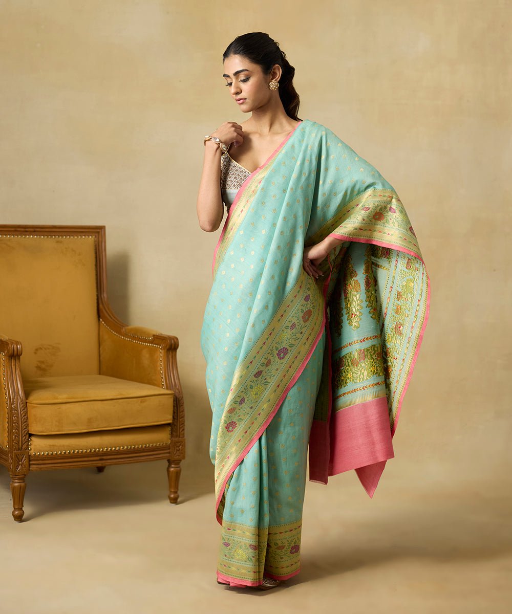 Handloom_Powder_Blue_And_Pink_Pure_Tussar_Georgette_Banarasi_Saree_With_Meenakari_Border_WeaverStory_01
